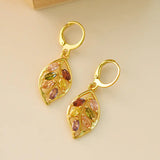 18K Gold Leaf Earrings with Colorful Gemstones