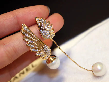 S925 Silver 18K Gold Plated Pearl Wing Earrings