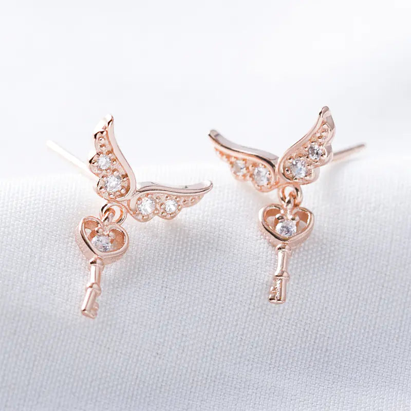 925 Silver Angel Key Earrings with Wings