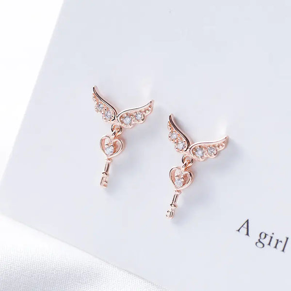 925 Silver Angel Key Earrings with Wings