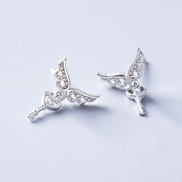 925 Silver Angel Key Earrings with Wings